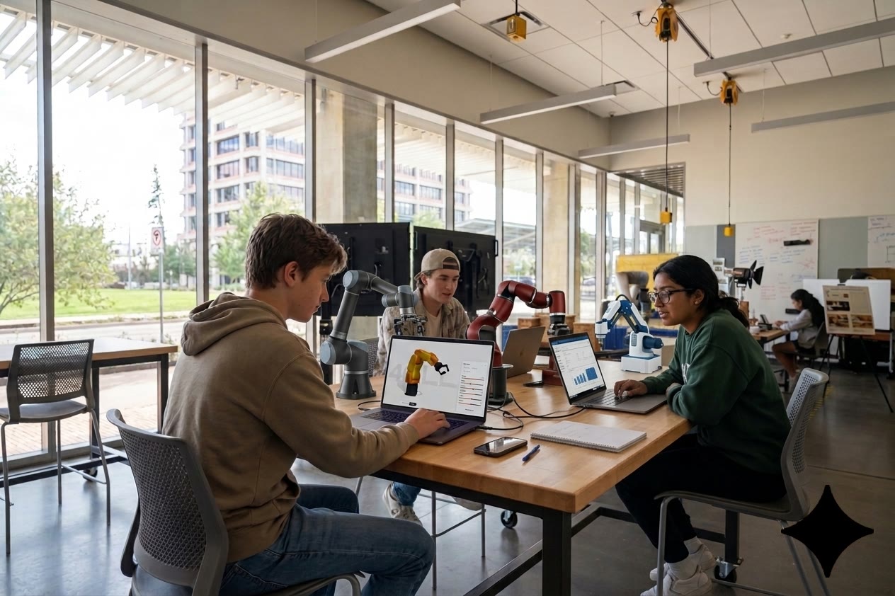 Students working with robot arms at a lab table in the ASU MIX Center