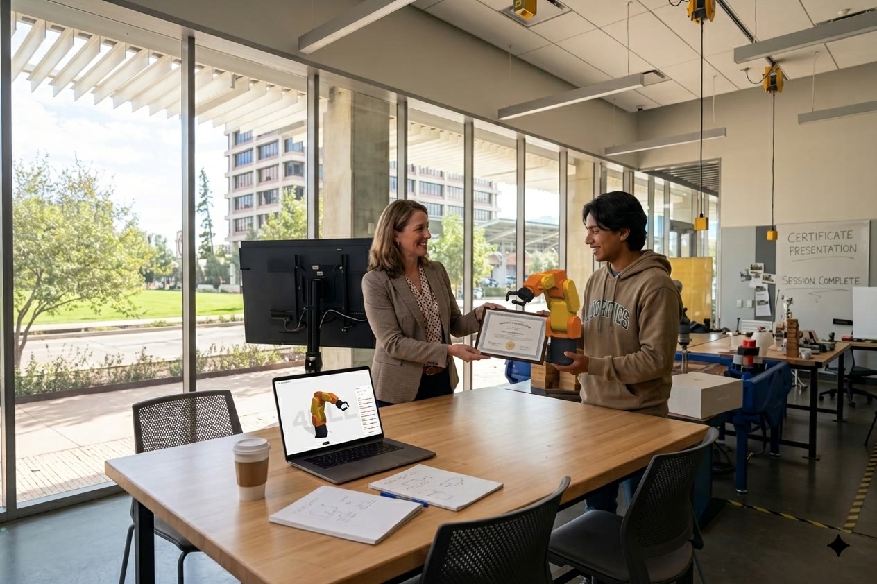 An instructor handing a student their certificate beside a robot arm